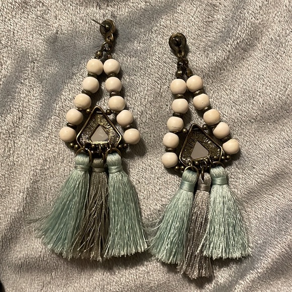 White, pink and teal tassel statement earrings - Picture 6 of 7